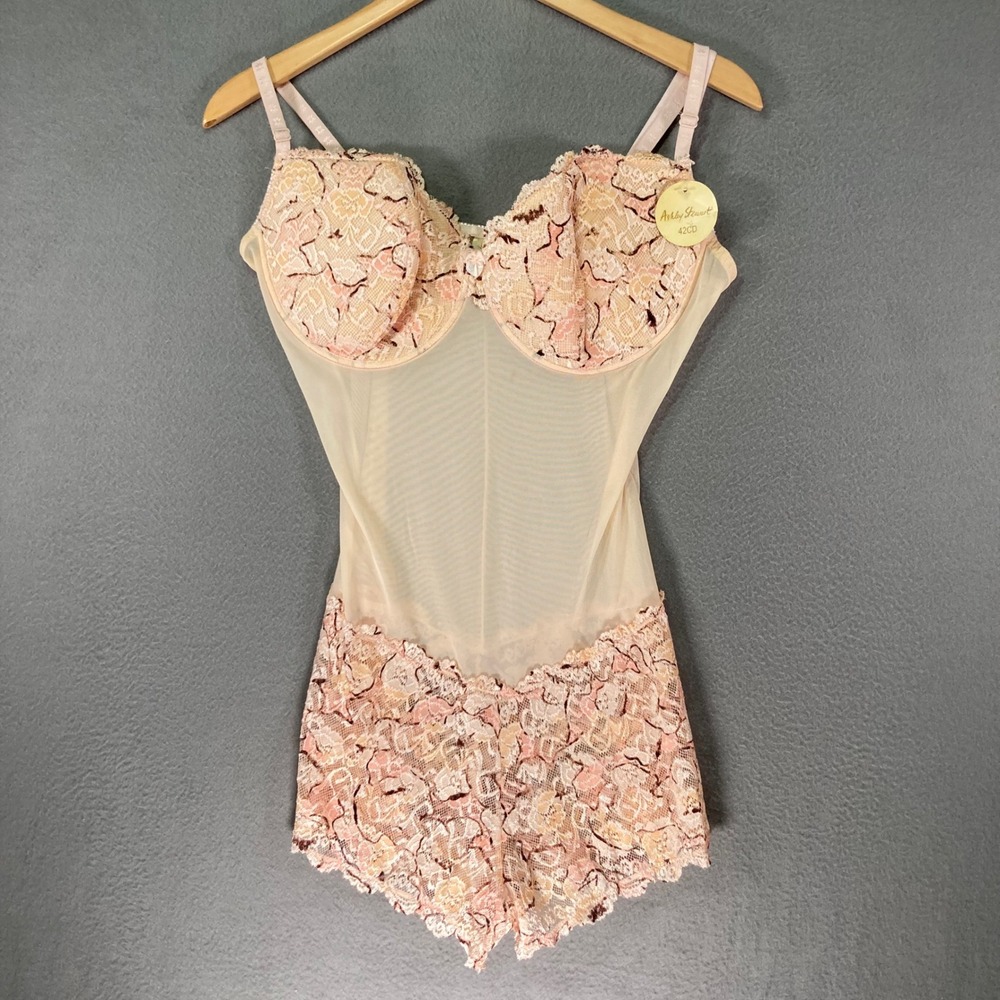 Ashley Stewart Teddy Bodysuit Lingerie Pink Floral Lace Plus Size 42CD New